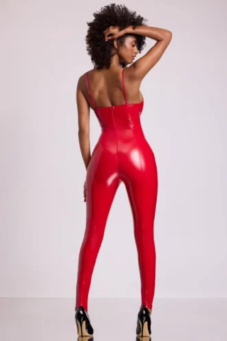 Lynx Vinyl Plunge Neck Catsuit σε Fire Red