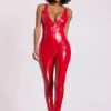 Lynx Vinyl Plunge Neck Catsuit σε Fire Red Lynx Vinyl Plunge Neck Catsuit σε Fire Red