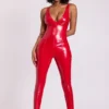 Lynx Vinyl Plunge Neck Catsuit σε Fire Red Lynx Vinyl Plunge Neck Catsuit σε Fire Red