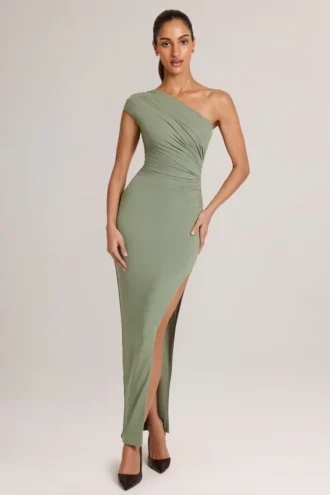 Μακρύ ασύμμετρο φόρεμα Maude Modal με σούρες σε χρώμα Sage Green