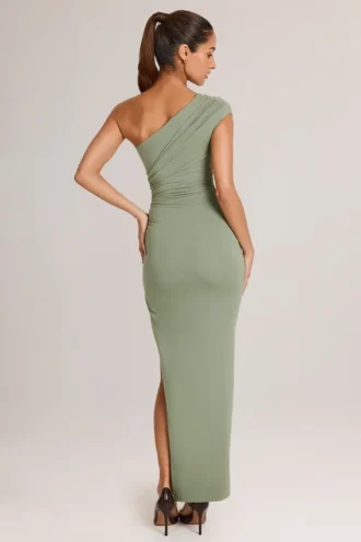 Μακρύ ασύμμετρο φόρεμα Maude Modal με σούρες σε χρώμα Sage Green