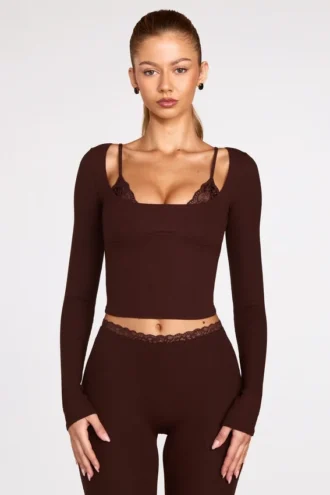 Margaux Ribbed Modal Long-Sleeve Laced Bra Μπλούζα σε χρώμα σοκολάτας