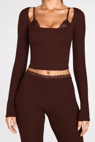 Margaux Ribbed Modal Long-Sleeve Laced Bra Μπλούζα σε χρώμα σοκολάτας