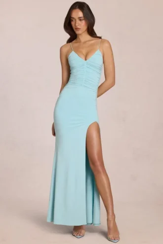 Μάξι φόρεμα Elanora με βαθύ V-neck σε απαλό γαλάζιο