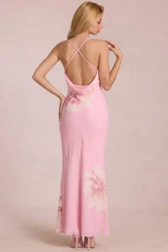 Μάξι φόρεμα Fioren από σιφόν με ροζ floral μοτίβο