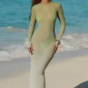 Μάξι φόρεμα Naura με διαφανή πλάτη σε λαδί χρώμα