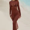 Μάξι Φορέμα Naura Sheer με ανοιχτή πλάτη σε καφέ χρώμα