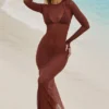 Μάξι Φορέμα Naura Sheer με ανοιχτή πλάτη σε καφέ χρώμα