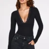 Μαύρο μακρυμάνικο κορμάκι Verity Ribbed Modal με βαθύ ντεκολτέ
