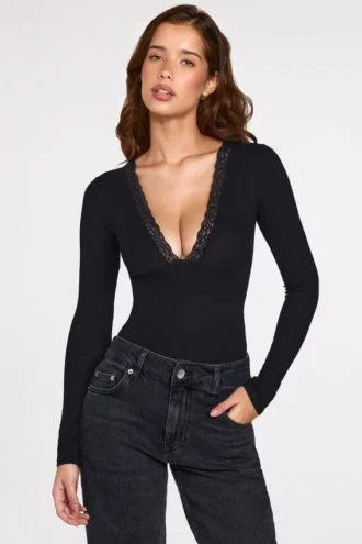 Μαύρο μακρυμάνικο κορμάκι Verity Ribbed Modal με βαθύ ντεκολτέ
