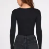 Μαύρο μακρυμάνικο κορμάκι Verity Ribbed Modal με βαθύ ντεκολτέ