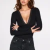 Μαύρο μακρυμάνικο κορμάκι Verity Ribbed Modal με βαθύ ντεκολτέ