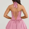 Μικροσκοπικό μίνι φόρεμα Ludmila με κορσέ, λαιμόκοψη, κορδόνια και φουσκωτό τελείωμα σε μωβ