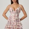 Μίνι φόρεμα A-line με βολάν και κορδόνια Lolina σε floral μοτίβο Primrose