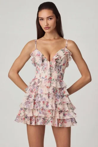 Μίνι φόρεμα A-line με βολάν και κορδόνια Lolina σε floral μοτίβο Primrose