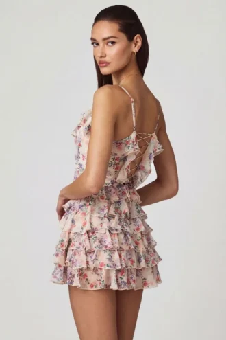 Μίνι φόρεμα A-line με βολάν και κορδόνια Lolina σε floral μοτίβο Primrose