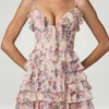 Μίνι φόρεμα A-line με βολάν και κορδόνια Lolina σε floral μοτίβο Primrose