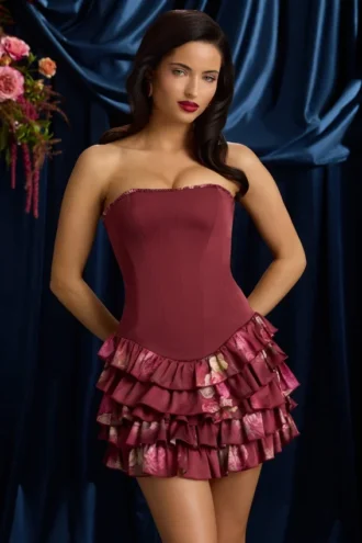 Μίνι φόρεμα Juliet χωρίς τιράντες με βολάν και κορσέ σε καφέ φλοράλ τύπωμα