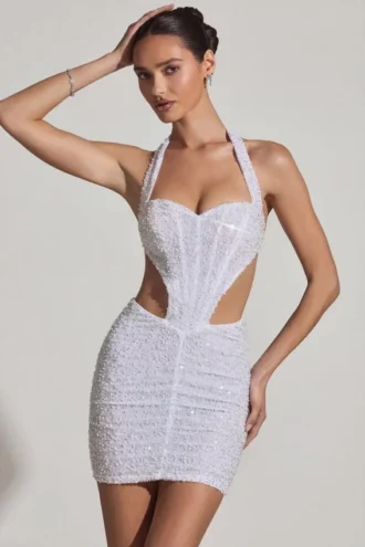 Μίνι φόρεμα Lucia με διακοσμητικά cut-out και λαιμόκοψη halterneck σε λευκό