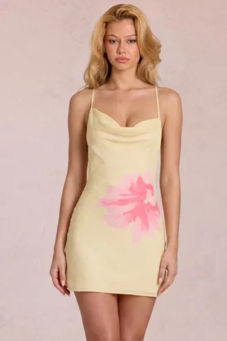 Μίνι φόρεμα Marielle από σιφόν με κίτρινο floral print