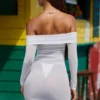 Μίνι φόρεμα Nemba Sheer Off-Shoulder σε λευκό χρώμα