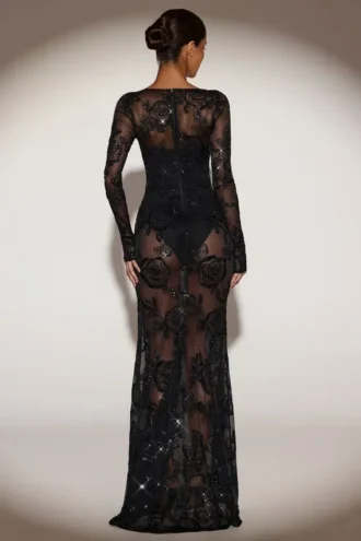 Nazara Sheer Embellished Κορμάκι-Κορσέ Βραδινό Φορέμα σε μαύρο