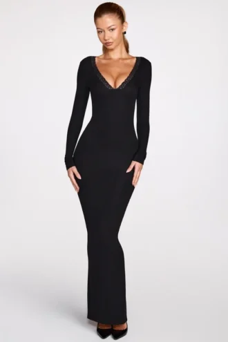 Noa Ribbed Modal Μάξι Φόρεμα με Βαθύ Ντεκολτέ σε Μαύρο