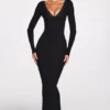 Noa Ribbed Modal Μάξι Φόρεμα με Βαθύ Ντεκολτέ σε Μαύρο