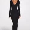Noa Ribbed Modal Μάξι Φόρεμα με Βαθύ Ντεκολτέ σε Μαύρο