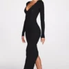 Noa Ribbed Modal Μάξι Φόρεμα με Βαθύ Ντεκολτέ σε Μαύρο