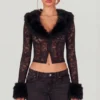 Noemy Sheer Lace Faux-Fur-Trim Cardigan σε μαύρο Noemy Sheer Lace Faux-Fur-Trim Cardigan σε μαύρο