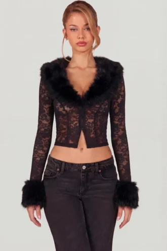 Noemy Sheer Lace Faux-Fur-Trim Cardigan σε μαύρο