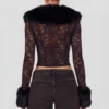Noemy Sheer Lace Faux-Fur-Trim Cardigan σε μαύρο Noemy Sheer Lace Faux-Fur-Trim Cardigan σε μαύρο