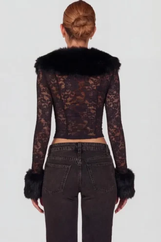 Noemy Sheer Lace Faux-Fur-Trim Cardigan σε μαύρο