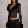 Noemy Sheer Lace Faux-Fur-Trim Cardigan σε μαύρο Noemy Sheer Lace Faux-Fur-Trim Cardigan σε μαύρο
