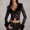 Noemy Sheer Lace Faux-Fur-Trim Cardigan σε μαύρο Noemy Sheer Lace Faux-Fur-Trim Cardigan σε μαύρο