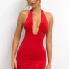 Sofija Slinky Jersey Plunge Neck Ruched Μίνι Φορέμα σε κόκκινο