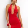 Sofija Slinky Jersey Plunge Neck Ruched Μίνι Φορέμα σε κόκκινο