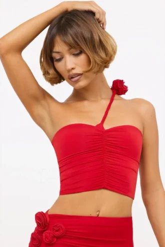 Tesia Slinky Jersey Rose Detail Asymmetric Μπλούζα σε κόκκινο