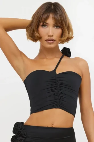 Tesia Slinky Jersey Rose Detail Asymmetric Μπλούζα σε μαύρο