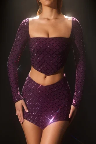 Thora Διακοσμημένο ασύμμετρο crop top σε βαθύ μωβ