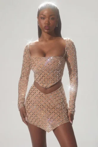 Thora Embellished Asymmetric Crop Top σε χρώμα Almond