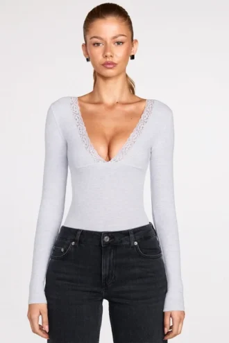 Verity Ribbed Modal Long-Sleeve Plunge Κορμάκι σε γκρι