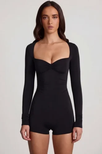 Vionne Soft Jersey Sweetheart Long-Sleeve Mini Ολόσωμο Σορτς σε μαύρο
