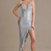 Vivienne Premium Embellished Plunge Asymmetric Μάξι Φορέμα σε ασημί
