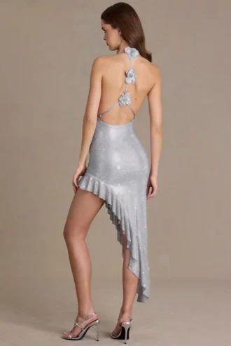 Vivienne Premium Embellished Plunge Asymmetric Μάξι Φορέμα σε ασημί