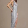 Vivienne Premium Embellished Plunge Asymmetric Μάξι Φορέμα σε ασημί