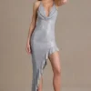 Vivienne Premium Embellished Plunge Asymmetric Μάξι Φορέμα σε ασημί