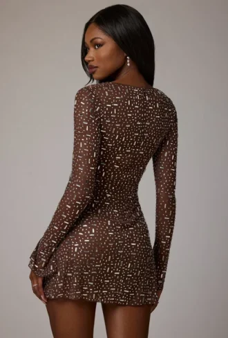Zeta Sheer Embellished Long Sleeve A-Line Μίνι Φορέμα σε χρώμα Deep Cocoa
