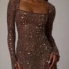 Zeta Sheer Embellished Long Sleeve A-Line Μίνι Φορέμα σε χρώμα Deep Cocoa Zeta Sheer Embellished Long Sleeve A-Line Μίνι Φορέμα σε χρώμα Deep Cocoa